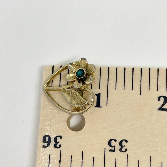 Vintage Heart Flower Brooch‎ Metallic Gold Tone Aqua Green Rhinestone Pin 1" - Picture 7 of 10